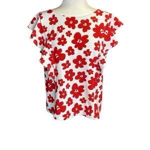 MellowDay White Red Floral Flutter Sleeve Blouse Women’s Top Size Large